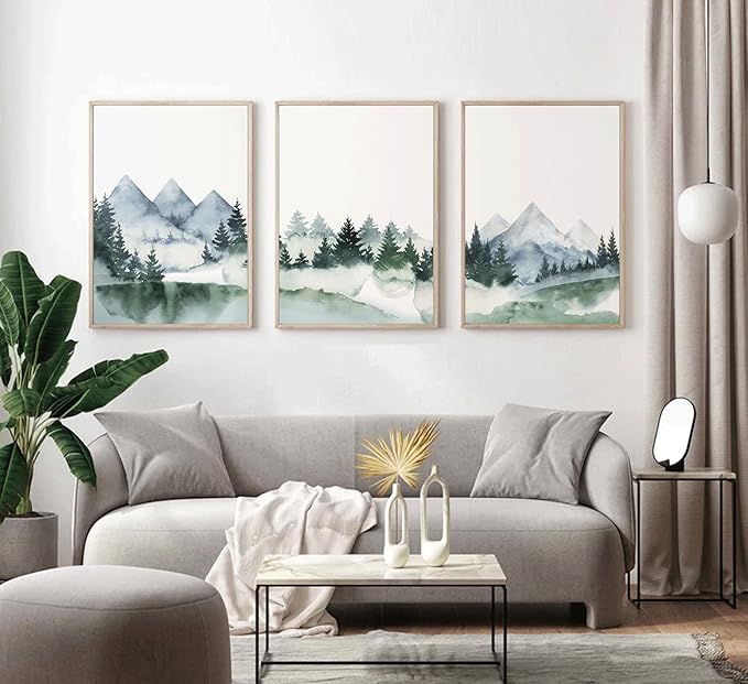 3Pcs Modern Mountains Canvas Wall Art Green Watercolor Misty Pine Forest Nature Minimalism Abstract Landscape Painting Picture Wall Decor Poster Print Artwork for Living Room Bedroom Office Unframed