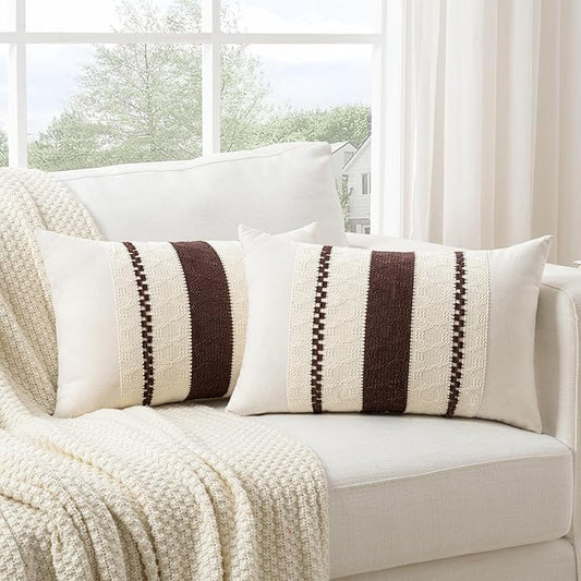 Fancy Homi Set of 2 Boho Brown Long Lumbar Decorative Throw Pillow Cover 12x24 Inch for Couch Bed Sofa Chair, Modern Organic Farmhouse Home Decor, Soft Cotton Cute Accent Rectangle Cushion Case