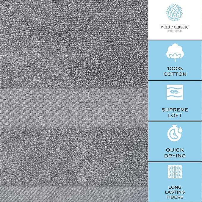White Classic Luxury Bath Towels Set of 4 Large - 700 GSM Cotton Ultra Soft Bath Towels 27x54 | Highly Absorbent and Quick Dry | Hotel Towels for Bathroom Luxury, Plush Shower Towels, Light Grey
