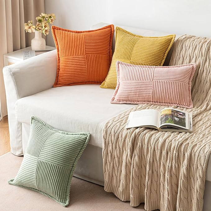 MIULEE Orange Fall Decorative Throw Pillow Covers for Couch Bed Livingroom 20x20 Inch Set of 2 Boho Accent Throw Pllows Broadside Striped Patchwork Soft Corduroy Pillowcases