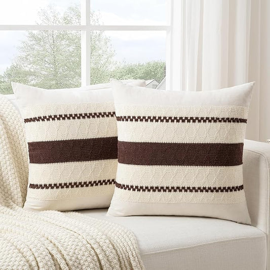 Fancy Homi Set of 2 Boho Brown Decorative Throw Pillow Cover 16x16 Inch for Couch Bed Sofa, Aesthetic Modern Organic Farmhouse Home Decor, Soft Cotton Cute Accent Macrame Woven Cushion Case