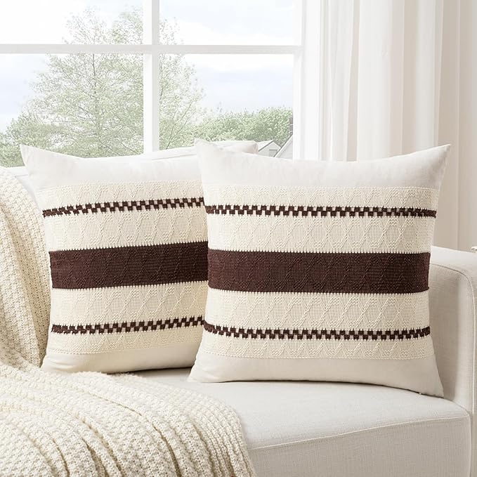 Fancy Homi Set of 2 Boho Brown Big Decorative Throw Pillow Cover 24x24 Inch for Couch Bed Bedroom, Aesthetic Modern Organic Farmhouse Room Decor, Soft Cotton Accent Macrame Woven Cushion Case
