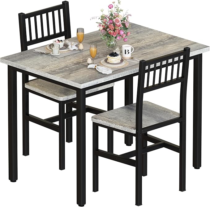 Lamerge Small Kitchen Table Set for 2, Industrial Dining Table and 2 Chairs, 3 Pieces Dining Table Set for 2 Dinner Table Set for Small Space, Apartment,Grey