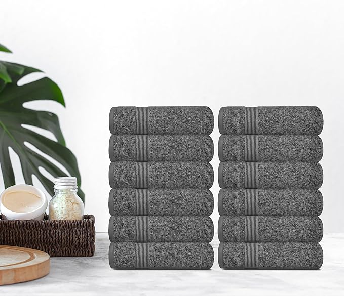 White Classic Resort Collection Soft Washcloth Face & Body Towel Set | 12x12 Luxury Hotel Plush & Absorbent Cotton Wash Clothes [12 Pack, Smoke Grey]