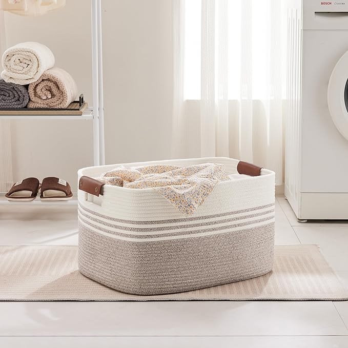 Laundry basket with leather handles for clothes,blankets,pillows,toys,towels,suitable for bedrooms and living rooms,cotton woven laundry hamper,extra large gift basket,22"x17"x12",Beige Brown
