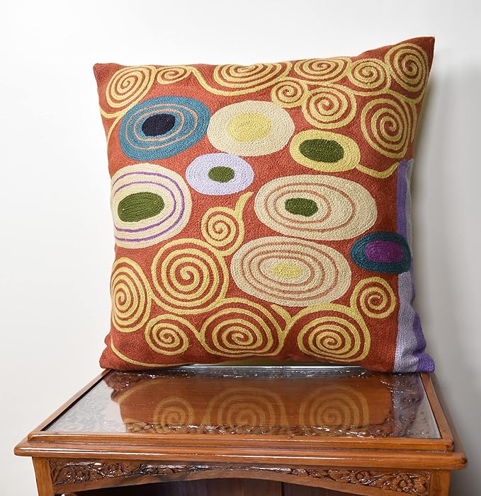 Klimt Rust Pillow Cover | Art Nouveau Bronze Pillows | Mid Century Modern Copper Pillowcase | Modern Chair Cushion | Modern Farmhouse Pillows | Hand Embroidered Wool Size 18x18