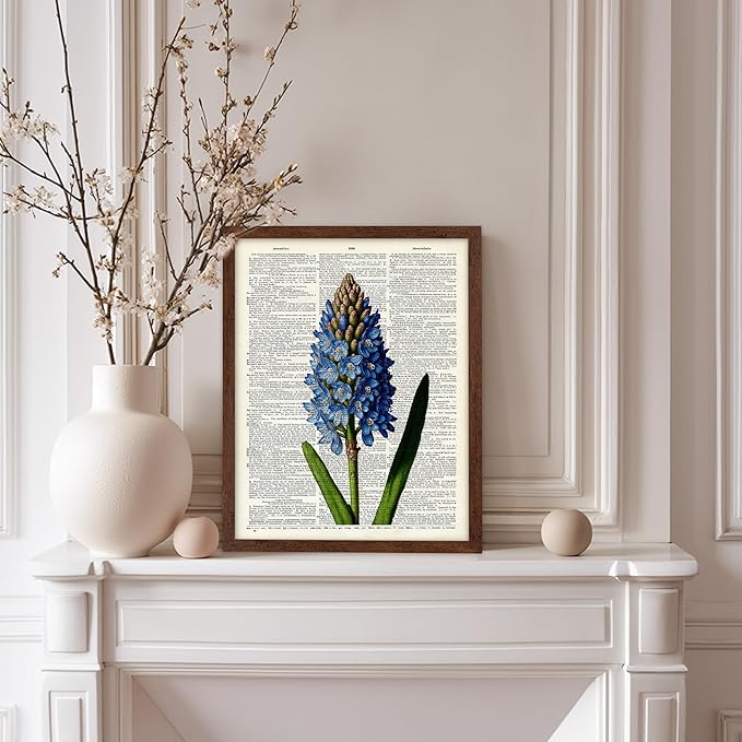 Poster Master Dictionary Art Poster - Blue Hyacinth Print - Flower Art - Floral Art - Gift for Men, Women & Florist - Minimal Decor for Bedroom, Office, Dorm or Flower Shop, 8x10 Brown Framed