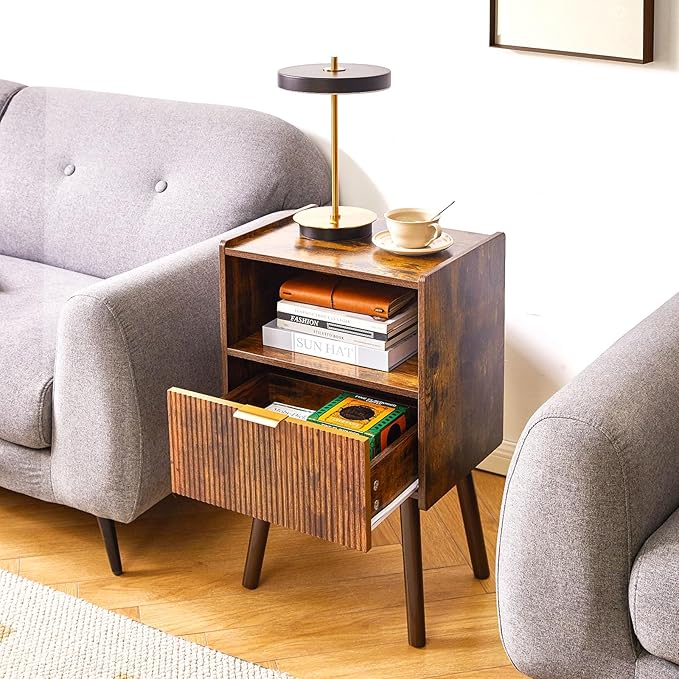 Night Stand with Drawer, Modern Nightstand, Bedside Tables, Mid Century Nightstands with Open Storage Shelf,Small Night Stands, 2-Tier Night Table,Rustic Brown YD-TM061H