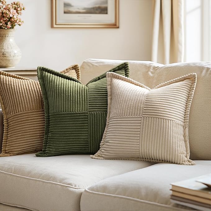 MIULEE Decorative Lumbar Throw Pillow Covers for Couch Bed Livingroom 14x24 Inch Set of 2 Beige Boho Accent Throw Pllows Broadside Striped Patchwork Soft Corduroy Pillowcases