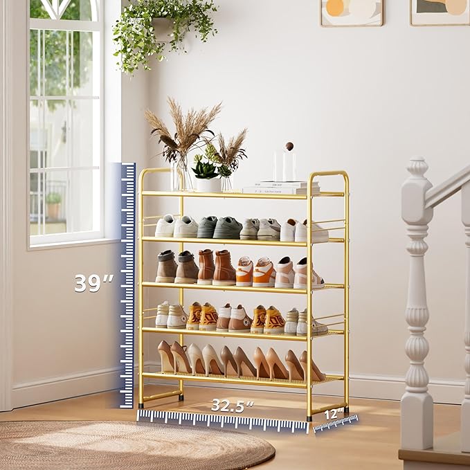 SUFAUY 33" Wide Shoe Rack, 5-Tier Shoe Storage Rack for 24-30 Pairs of Shoes, Mesh Shoe Organizer for Entryway Closet, Steel Frame, Industrial, Gold