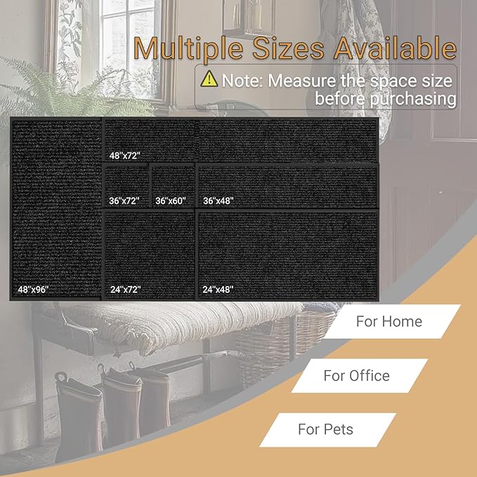Outdoor Entry Rubber Rug, 4'x2' Commercial Heavy Duty Rubber Large Exterior Door Mat, Industrial Non-Slip Waterproof Welcome Floor Mats for Garage, Kitchen, Patio, Black 48" x 24"