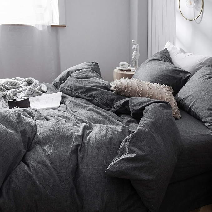 MooMee Bedding Duvet Cover Set 100% Washed Cotton Linen Like Textured Breathable Durable Soft Comfy (Heathered Dark Grey, Full 80"x90")