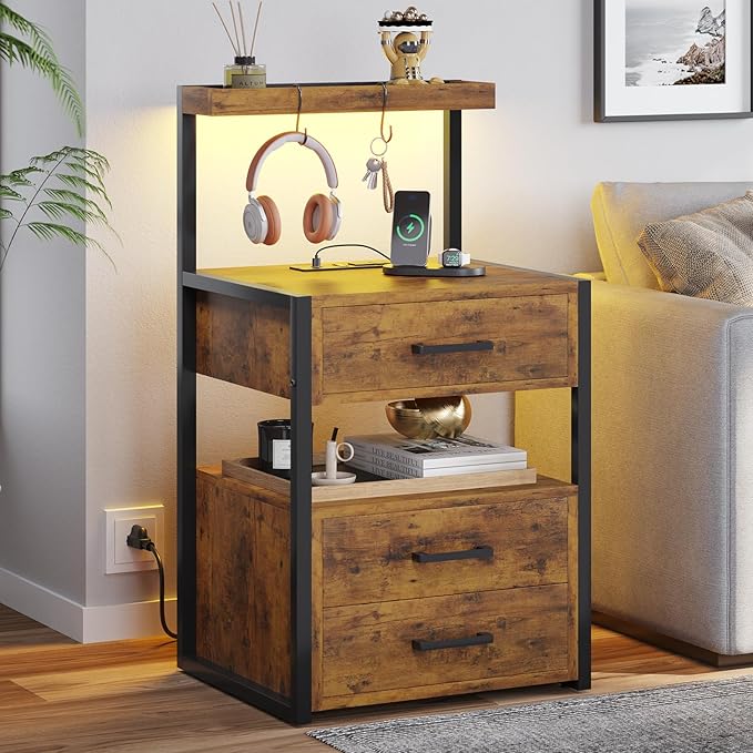 VIAGDO Led Nightstand with Charging Station, 3 Drawers Night Stands with Led Lights, Rustic Brown Bedside Tables with Storage Shelves, Modern End Side Tables for Bedroom, Office