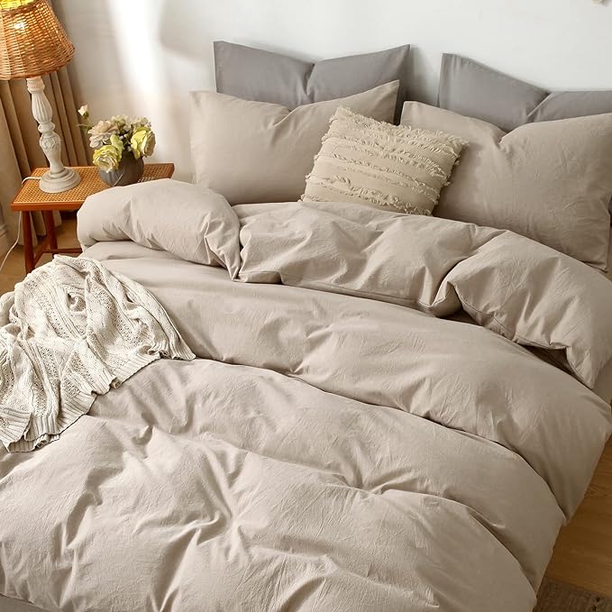 MooMee Bedding Duvet Cover Set 100% Washed Cotton Linen Like Textured Breathable Durable Soft Comfy (Heathered Taupe, Palatial King/Oversized King 120"x98")