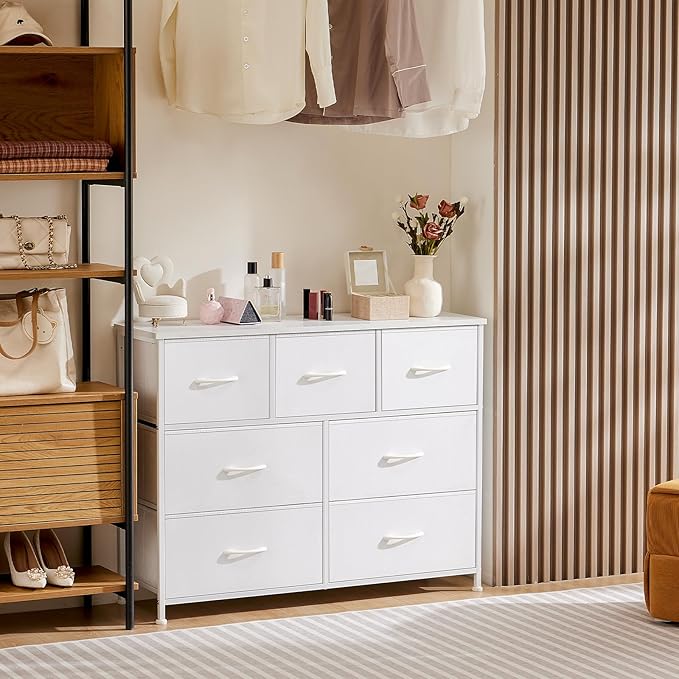 DUMOS Dresser for Bedroom with 7 Fabric Drawers, Chest Organizer Units for Clothing, Closet, Bedroom, Storage Tower with Cabinet, Metal Frame, Wooden Top, Lightweight Nursery Furniture, White