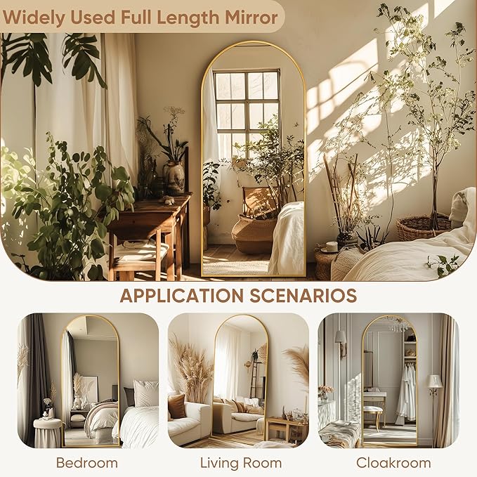 Full Length Mirror, 71"x28" Oversized Arched Mirror Large Standing Mirrors, Tall Mirrors Body Floor Mirror Hanging Mirrors for Bedroom Living Room Aluminum Frame, Gold