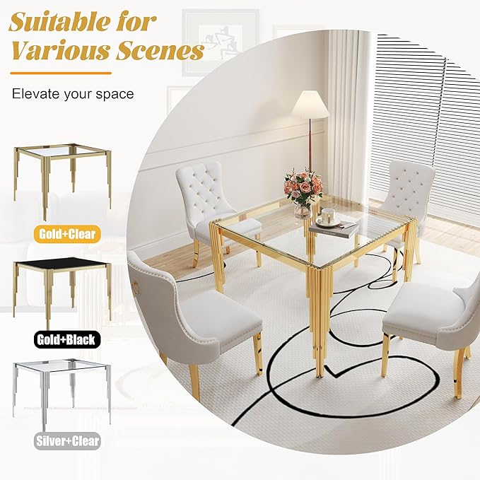 35" Square Glass Dining Table, Modern Tempered Glass Kitchen Table with Stainless Steel Legs for 2-4, Stylish Gold Dinner Table for Home Office, Kitchen, Living Room
