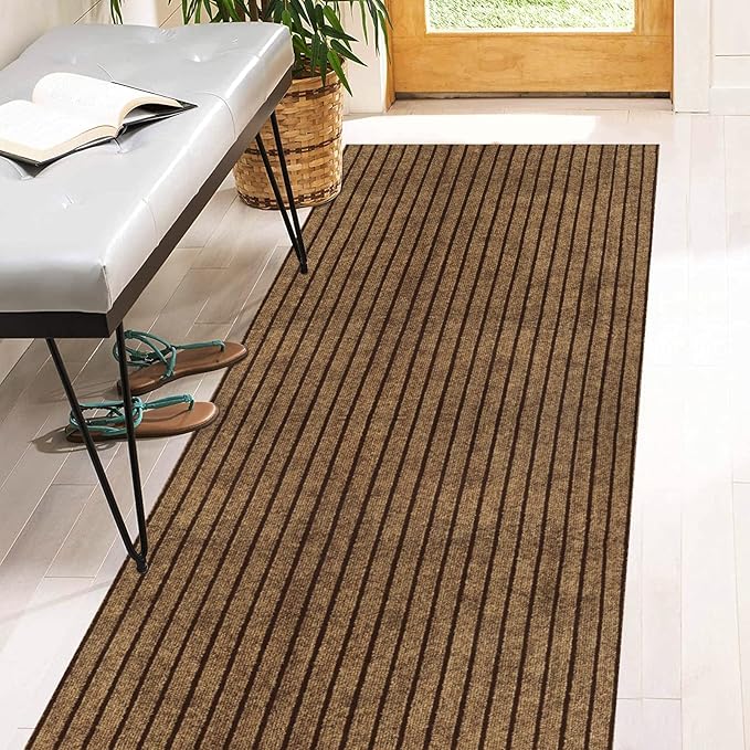 4' x 38' Runner Rugs with Rubber Backing, Indoor Outdoor Utility Carpet Runner Rugs, Stripe Brown, Can Be Used as Aisle for The RV and Boat, Laundry Room and Balcony