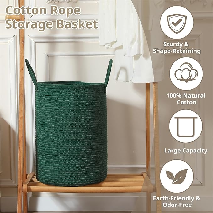 80L Large Woven Laundry Basket Hamper, 100% Natural Cotton Rope, Handwoven & Durable, Storage for Blankets, Toys, Clothes, Decorative Nursery Hamper for Living Room, Baby Room, Bedroom (Dark Green)