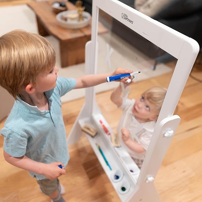 Little Partners Peek-A-Boo Art Toddler Easel, Children's Two-Sided Adjustable Height Clear Acrylic Paint Station for Kids with Built-in Storage, Eraser, Paint Containers (White)