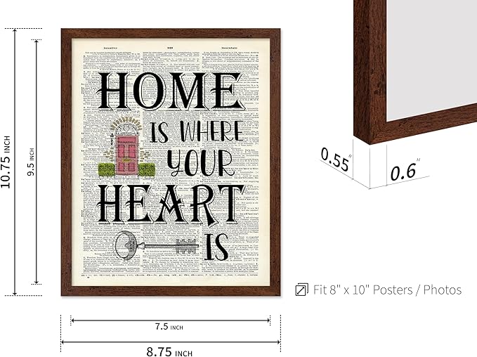 Poster Master Dictionary Art Poster - Home Is Where Your Heart Is Print - Motivational Art - Gift for Men & Women - Inspiring Wall Decor for Dorm, Bedroom or Living Room, 8x10 Brown Framed