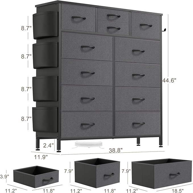 Lulive Dresser for Bedroom with 12 Drawers, Tall Dresser Chest of Drawers with Side Pockets and Hooks, Fabric Dresser Storage Tower for Closet, Hallway, Living Room (Dark Grey)