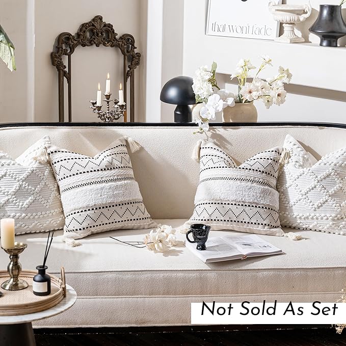Decorative Throw Pillow Cover 18X18 Square Boho Black Neutral White Accent Pillowcase Tassels Farmhouse Cushion for Couch Sofa Bedroom Living Room Home Décor (Cover ONLY, Pack of 1)