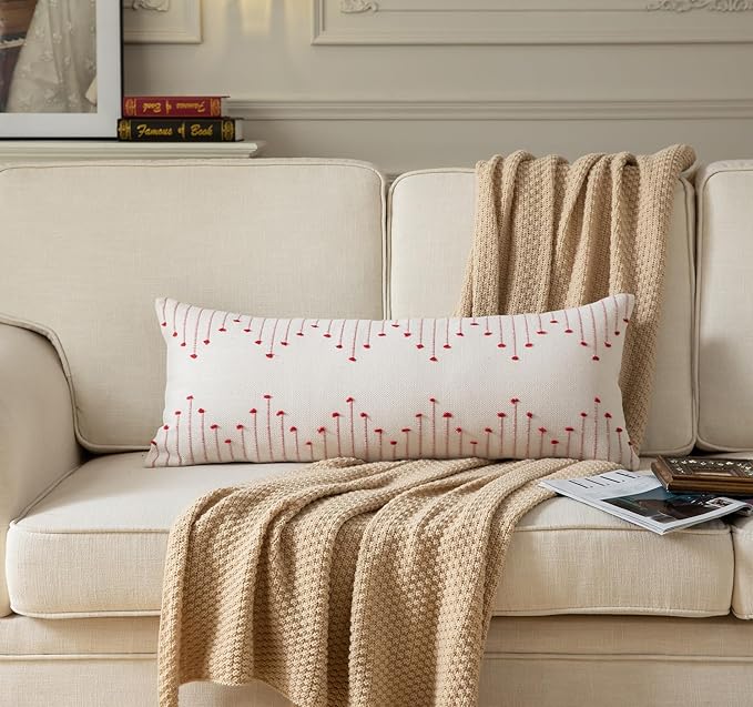 Christmas Lumbar Pillow Cover 14x36 Long Pack of 1 Decorative Pillows Bed, Beige with Red Body Throw Pillow Covers, for Modern Farmhouse Sofa Bedroom Living Room Home Decor Couch Pillowcase