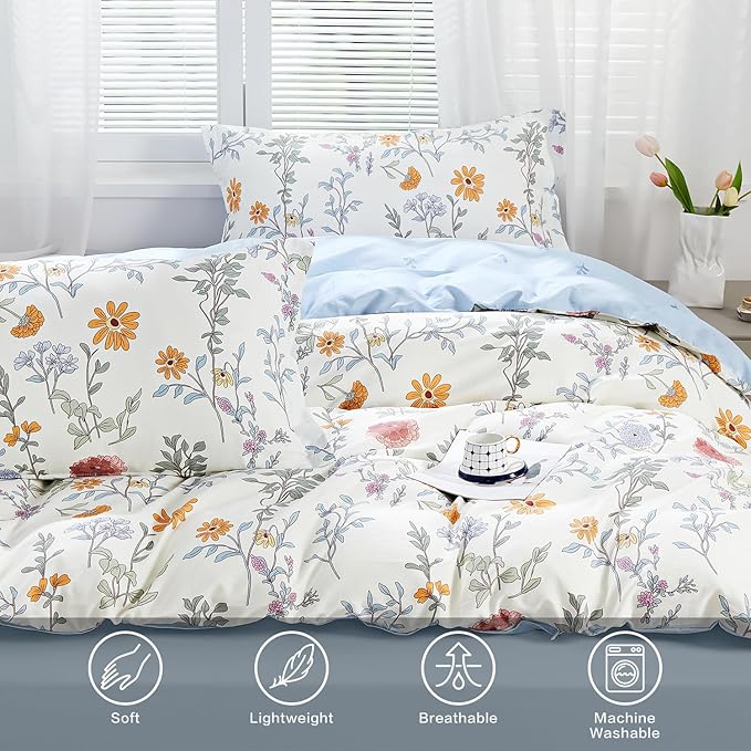 SAPHREAS Floral Duvet Cover Set King Size 3pcs Garden Style Botanical Flower Leaves Pattern Bedding Comforter Cover Set 100% Cotton 1 Duvet Cover 104"x90" 2 Pillow Shams, Comforter Not Included