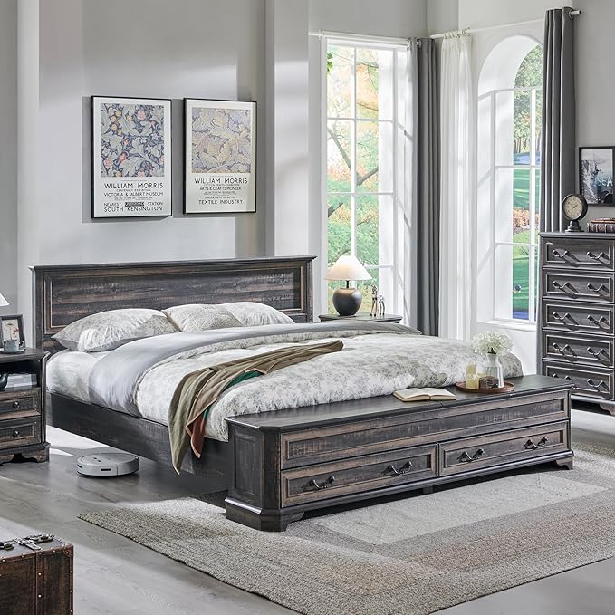 T4TREAM Farmhouse King Bed with Headboard and Storage Bench, Rustic Wood Platform Bed with 80" Storage Chest w/ 4 Large Drawer (Dark Rustic Oak)