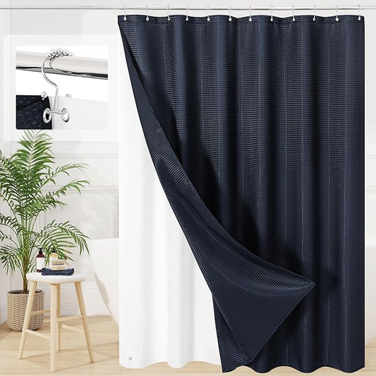 3 in 1 Shower Curtain Set, Navy Blue Waffle Shower Curtain and PEVA Liner Set with 12 Stainless Steel Shower Curtain Hooks, Waterproof Fabric Shower Curtains for Bathroom, 72 W x 72 H