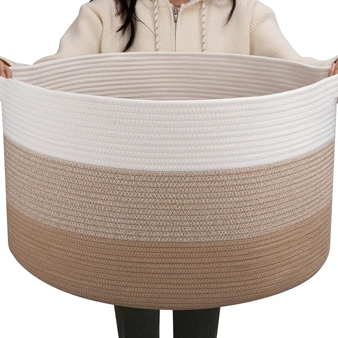 OIAHOMY Extra Large Storage Basket, 23" x 13" Woven Blanket Storage for Living Room, Round Laundry Basket for Pillow-Gardient Light Brown