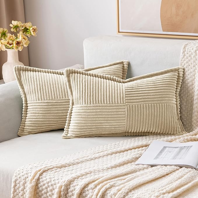MIULEE Decorative Lumbar Throw Pillow Covers for Couch Bed Livingroom 12x20 Inch Set of 2 Cream Boho Accent Throw Pllows Broadside Striped Patchwork Soft Corduroy Pillowcases