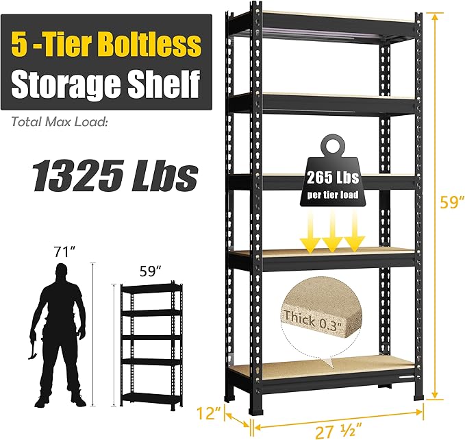 PrimeZone Storage Shelves 5 Tier Adjustable Garage Storage Shelving, Heavy Duty Metal Storage Utility Rack Shelf Unit for Warehouse Pantry Closet Kitchen, 28" x 12" x 59", Black