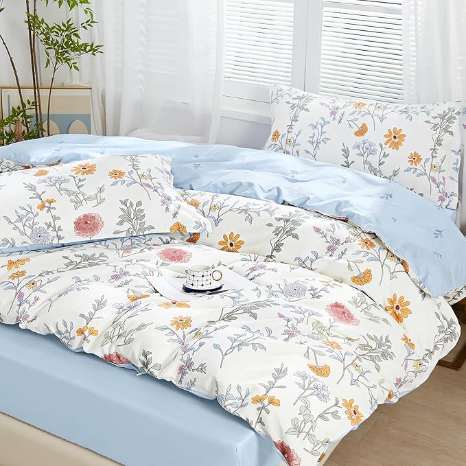 SAPHREAS Floral Duvet Cover Set 2pcs Twin Size Botanical Flower Leaves Pattern Bedding Comforter Cover Set 100% Cotton 1 Duvet Cover 68"x90" 1 Pillow Sham, Comforter Not Included