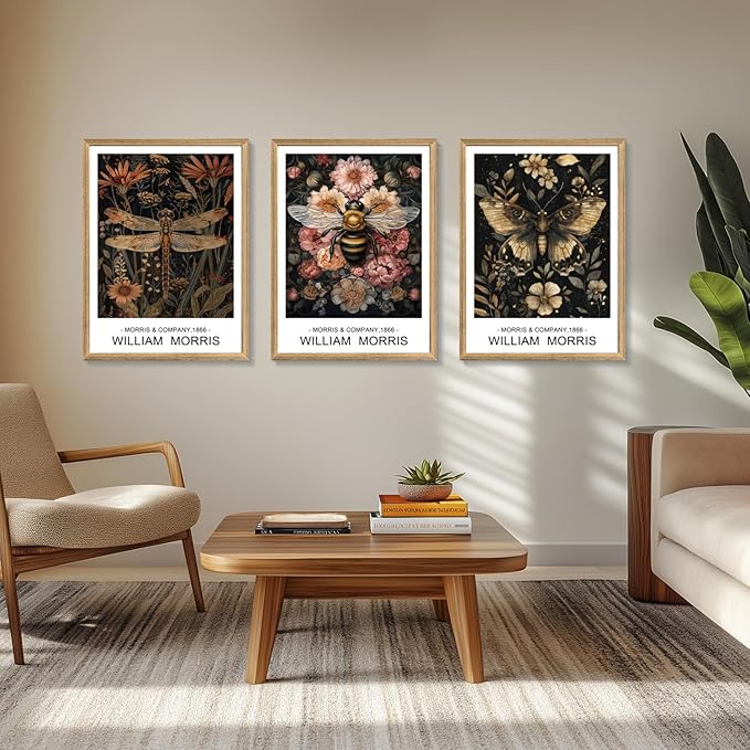 Cyebmo William Morris Wall Art, Vintage Floral Wall Decor, Dark Botanical Art Prints, Butterfly Bee Dragonfly Nature Artwork for Living Room Bedroom Bathroom Wood Framed Ready to Hang 16"x24"x3