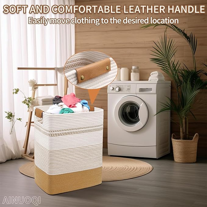 Laundry Hamper - 85L Large Laundry Basket with Leather Handles, Decorative Storage Basket for Blankets - Cotton Rope Woven Baskets for Storage, Clothes Hamper for Living Room, Jute & White