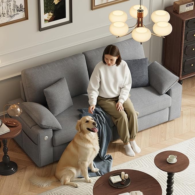 76" Loveseat Sofa, Cloud Foam Couch, 3 Seater Upholstered Midcentury Mondern Love Seat with USB Type C Ports, 4 Pillows and Flip-Open Storage Armrest for Living Room/Small Spaces, Grey