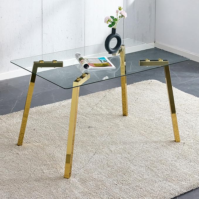 Dining Table Set of 4,51" Rectangle Tempered Glass Table Top with Golden Metal Legs,Kitchen Room Table with 4 Black Faux Leather Chairs,Dinner Tables Set for Dining Room Office