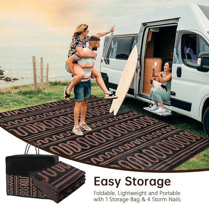 Beeiva Outdoor Area Rug, 6x9 Large Outdoor Rug Waterproof, Reversible Plastic Indoor Outdoor Rug for Deck, Balcony, Backyard, Porch, Camping, Picnic - Black/Brown
