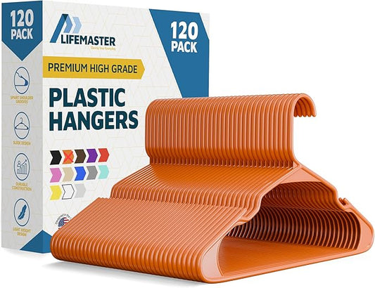 Plastic Clothes Hangers – Heavy Duty Hanger Set, for Organizing Clothes, Dresses, and Coat, Holds Up to 5 lbs, Space-Saving Hangers with Non-Slip Shoulder Grooves, Pack of 120, Orange