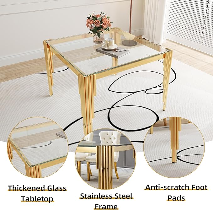 5 Piece Glass Dining Table Set, 35" Square Glass Kitchen Table with 4 White Velvet Upholstered Chairs, Gold Dining Table for 4 with Chairs Set for Kitchen, Living Room