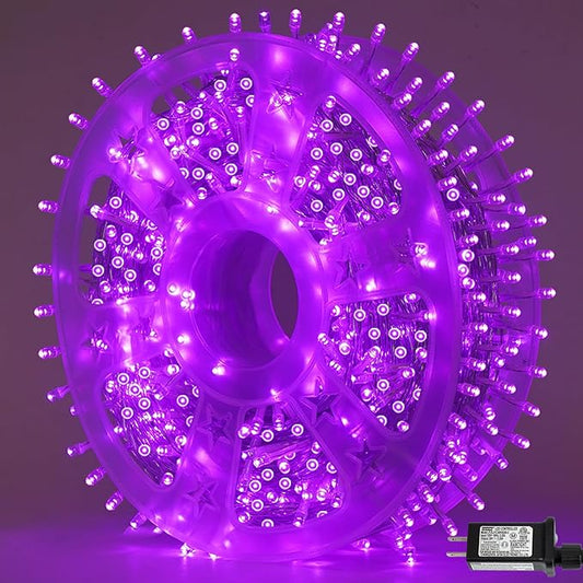 QITONG 165ft 500 LED Purple Halloween Lights Outdoor, Clear Wire String Lights Plug-in, 8 Modes Christmas Lights Indoor