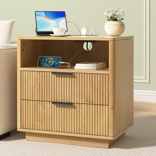 HOMMPA 24'' Fluted Nightstand with Charging Station, Modern Bedside Table with Storage, 2 Drawer Beside End Table with Open Shelf, Mid Century Modern Wood Night Stand for Bedroom, Living Room
