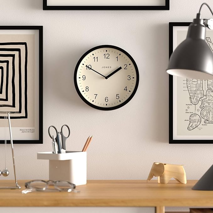 JONES CLOCKS® Spin Wall Clock | Small Modern Round Clock | 8 inch | Black | Easy to Read Numbers | Ideal for Kitchen, Office, Children’s Room or Any Small Space