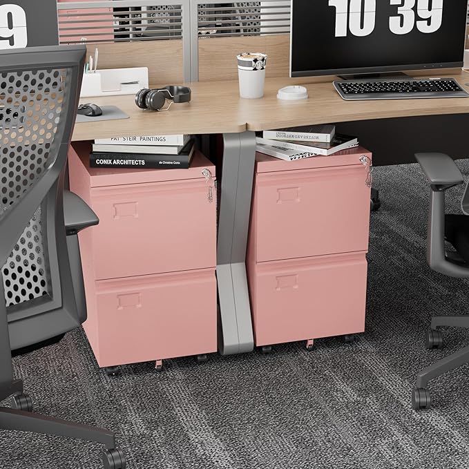 2 Drawer Mobile File Cabinet with Lock,Under Desk Metal Filing Cabinets for Home Office Fits Letters/Legal/A4 Size Folder, Assembly Required, Pink