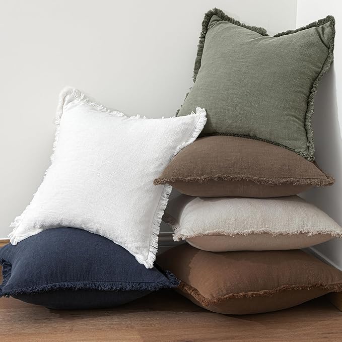 MIULEE Decorative Throw Pillow Covers Neutral Linen Fringe Throw Pillows Euro Shams Set of 2 Cocoa Brown Boho Farmhouse Cushion Covers for Couch Sofa Bed Living Room Spring Home Decor 26x26 Inch
