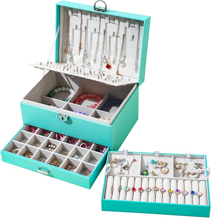BOOVO Earring Jewelry Box For Women Girl Stud Organizer, 5 Layers Girl Jewelry Organizer Box With Lock Earring Holder Organizer Necklace Ring Jewelry Organizer Box For Girls (Turquoise Blue)