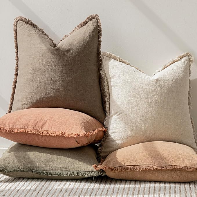 Foindtower Set of 2 Decorative Linen Fringe Throw Pillow Covers Cozy Boho Farmhouse Cushion Cover with Tassels Soft Accent Pillowcase for Couch Sofa Bed Living Room Home Decor, 22×22 Inch, Light Brown