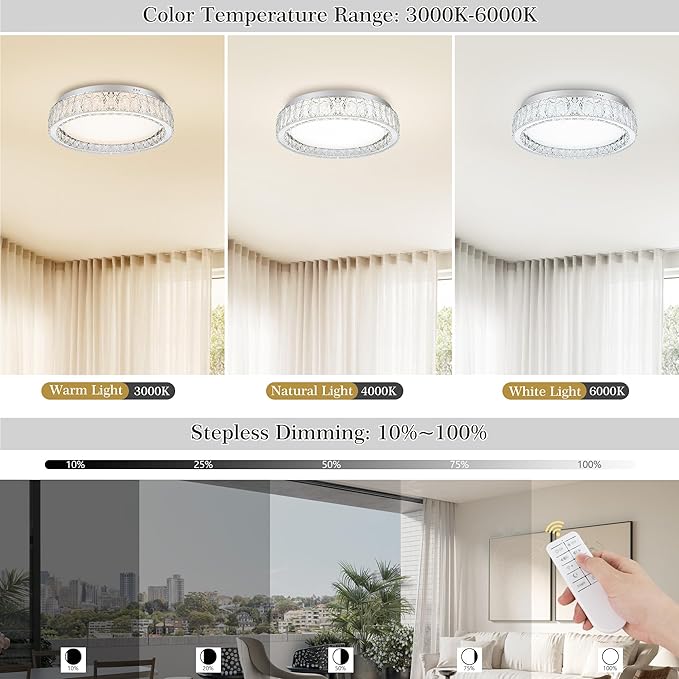 LamQee Crystal Flush Mount Ceiling Light Fixture, Dimmable LED Modern Close to Ceiling Light, Hallway Light Fixtures Round Chandelier for Bedroom Kitchen Bathroom Dining Living Room, Large, 21.65 inch